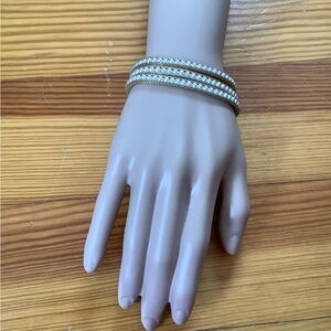 Triple Strand Faux Pearl Gold Tone Mesh Bracelet